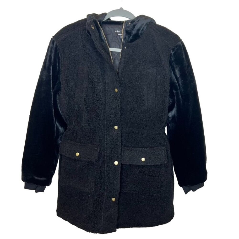 Eden Society Womens Size Small Sherpa Velour Hooded Coat Black Outerwear
